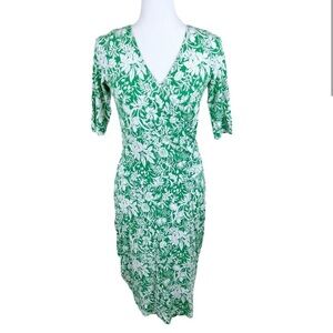 Cabi Dress Women Medium Green White Floral Surplice Midi Tropical Jersey